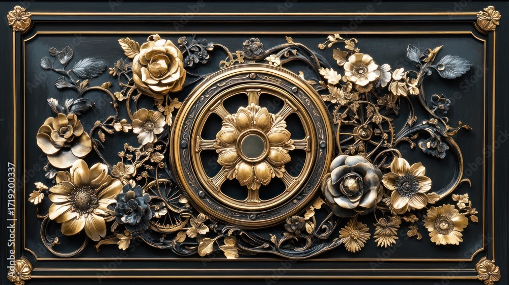 Obraz premium Ornate decorative panel with flowers and wheel design