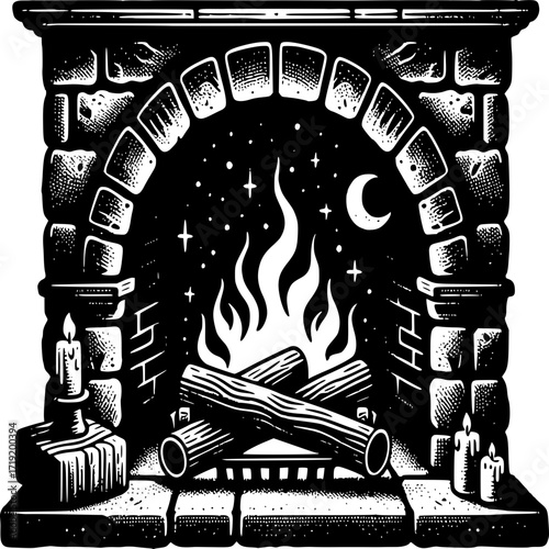 Cozy Fireplace: A monochrome illustration of a welcoming fireplace, radiating warmth and tranquility with a crackling fire, and starlit sky.