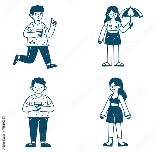 Collection of hand-drawn illustrated people enjoying everyday activities in simplified outline style