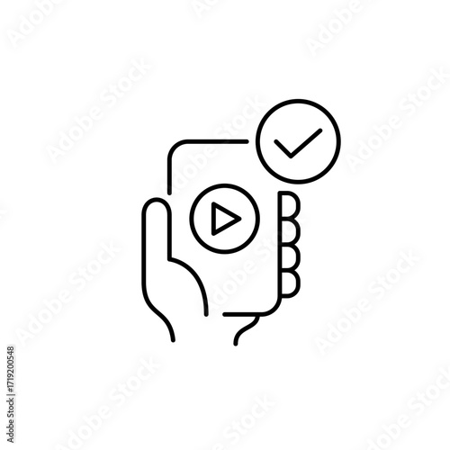 Video playback on phone and checkmark. Pixel perfect, editable stroke vector icon