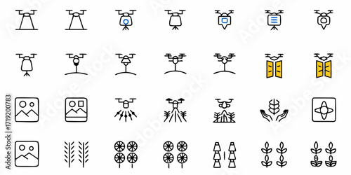 Dynamic drone icons showcase modern agriculture, aerial imaging, and advanced farming technology for innovation and growth