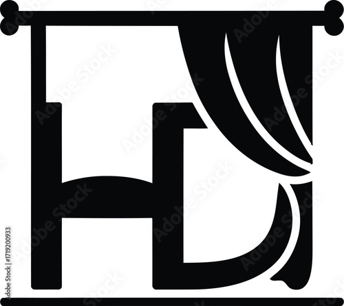 HD initials emblem with luxury sofa and curtain, minimalist home decor branding logo for interior designers, scalable vector graphic asset
