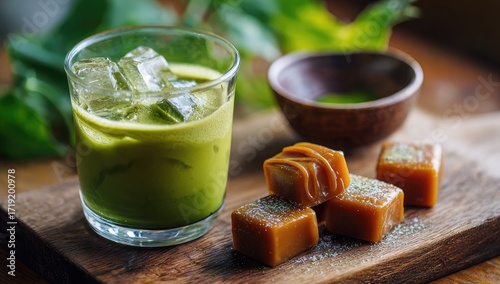 Wallpaper Mural Refreshing matcha iced drink with caramel candies Torontodigital.ca