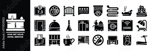  Hotel Service Solid Icons Set with Hospitality Elements.