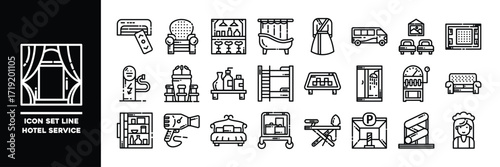 Hotel Service Line Icons Representing Amenities and Facilities.