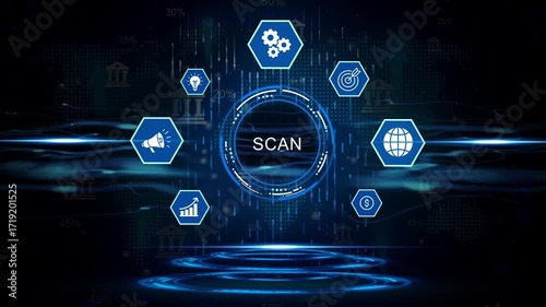 Futuristic digital scan interface with global network and financial icons data analysis technology concept