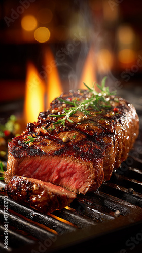 Sizzling grilled steak with sear marks and seasonings on open flame grill. Close-up of juicy meat cooked to perfection