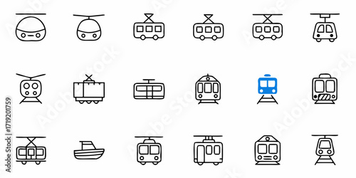 Collection of modern and classic transport icons featuring trains, trams, and cable cars for city transit and travel themes