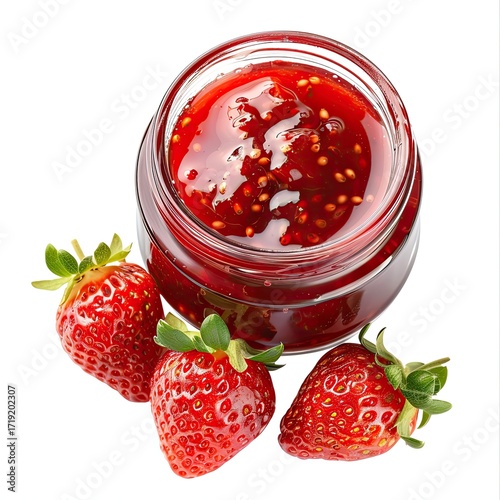 A glass jar of strawberry jam sits atop three fresh strawberries against a white background.  The jam is thick and seedy, exhibiting a vibrant red hue