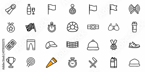 Diverse sports and leisure icons ready for your project, including trophies, medals, flags, and equipment for both land and water adventures