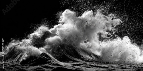 Powerful, dramatic wave crashing, black and white