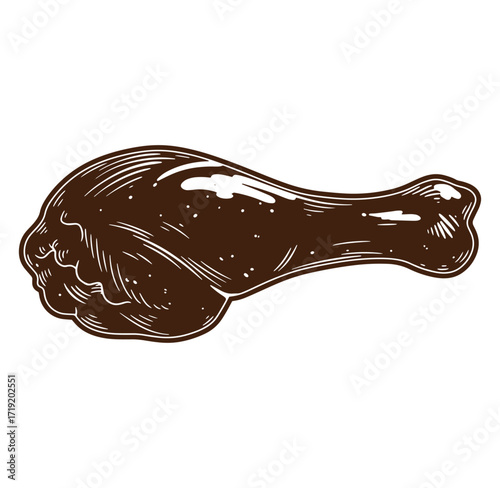 Detailed hand drawn illustration of a roasted chicken drumstick on a clean white background