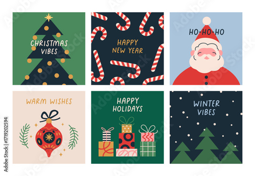 Merry Christmas and Happy New Year, greeting post cards set. Winter holiday postcard designs with festive tree, Xmas gift boxes, Santa Claus, bauble decoration, candy canes. Flat vector illustrations