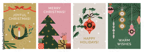 Merry Christmas cards set. Festive Xmas posters, winter holiday greeting postcard designs. Vertical templates with typography, wreath, fir tree, gifts and baubles. Flat vector illustration set