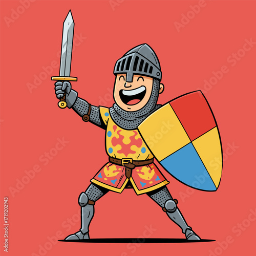 Triumphant cartoon knight in full armor, raising a sword with a bold shield and flame-patterned tunic.