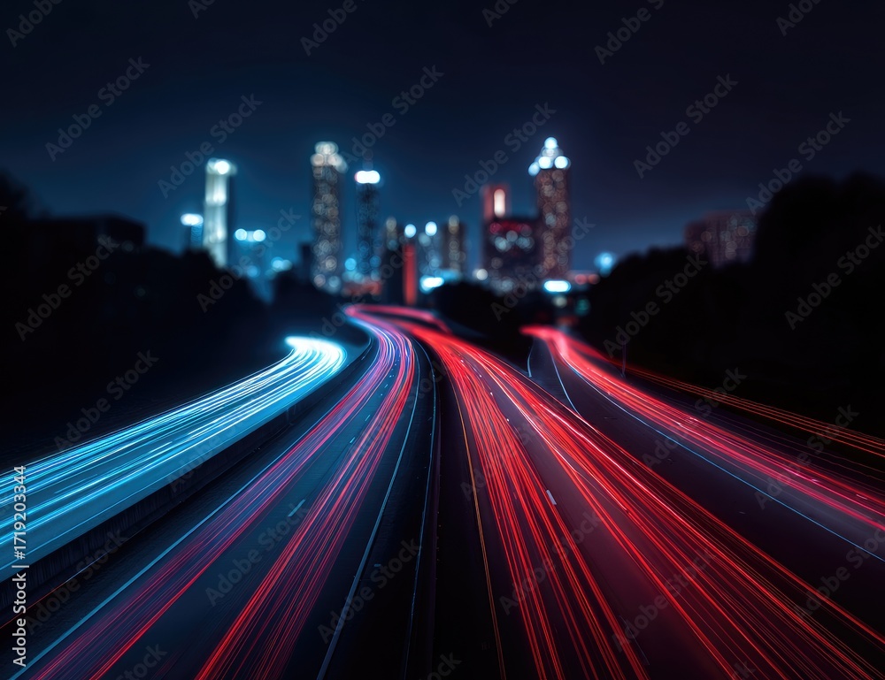 Fototapeta premium Night city highway with blurred lights