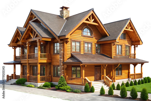 Detailed wooden log cabin house with manicured lawn and pathway home architecture isolated on a transparent background