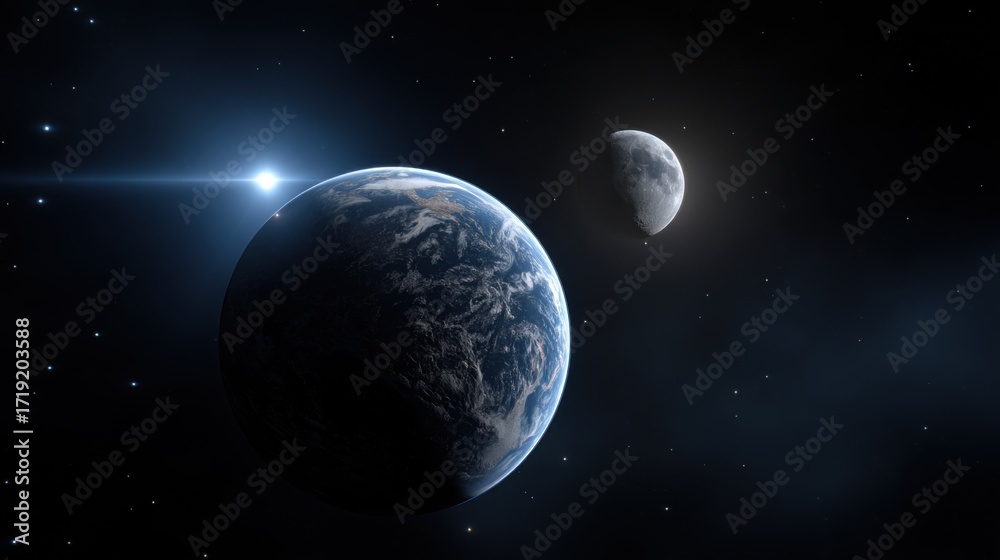 Obraz premium Majestic Planet Surrounded by Stars with a Glowing Moon in the Cosmic Background Evoking Wonder and Curiosity in the Vastness of Space Exploration