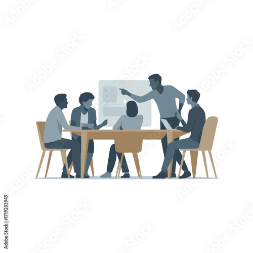 Diverse business team collaborating in a modern meeting room discussing strategy on a whiteboard