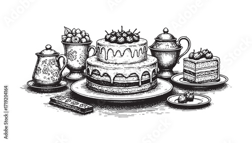 vintage cake bakery engraving vector style