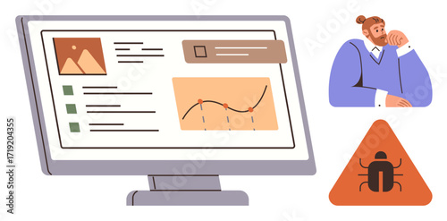 Computer screen shows analytics, bug alert, and documentation while person reflects. Ideal for coding, debugging, analytics, data, troubleshooting software flat concepts. Simple flat metaphor