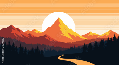 Majestic Mountain Landscape Illustration Vibrant Colors and Serene Beauty Depicting Nature's Grandeur