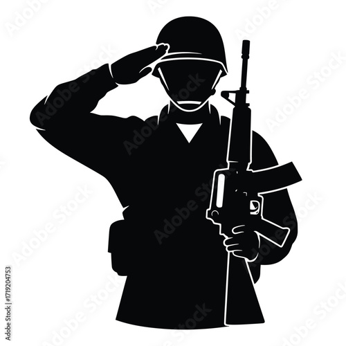 Vector art of silhouette of a soldier saluting with a rifle
