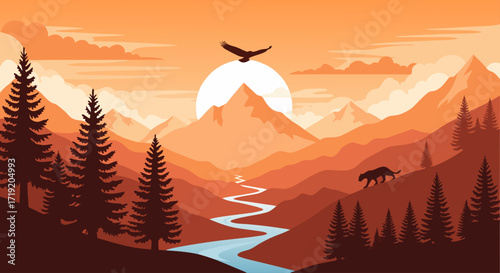 Vector illustration of a tranquil mountain landscape at sunset with a winding river, pine forest, and silhouettes of a wild cat and eagle