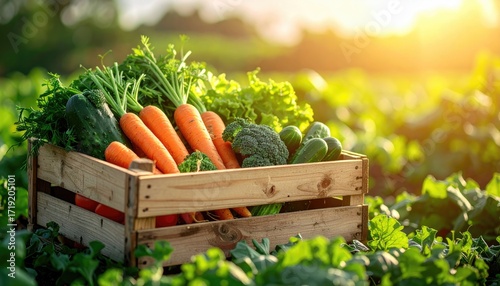 A wooden crate overflows with fresh vegetables amidst a sunlit field of vibrant green leafy plants, evoking a sense of harvest and nature's bounty