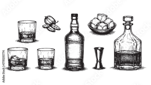 whiskey alcohol set engraving vector style