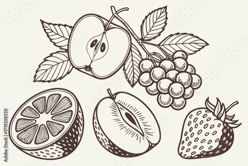 Fresh, ripe fruits and berries with leaves are a sweet summer pattern of healthy food