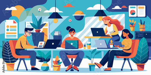 Diverse team of people working together in a modern office environment with laptops and tablets