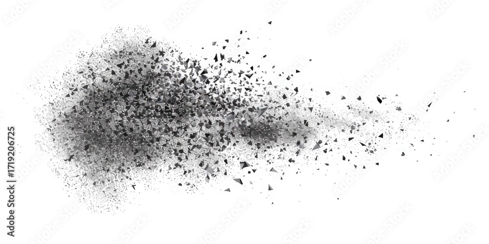 Fototapeta premium Abstract grayscale image depicting a dark, dust-like cloud dispersing across a white background, creating a dynamic and energetic effect