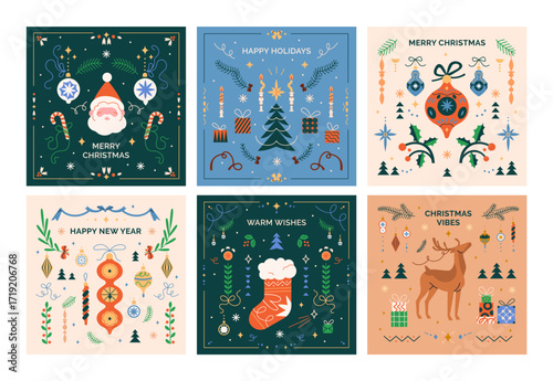 Merry Christmas and Happy New Year, greeting card designs set. Festive square backgrounds with winter holiday ornaments, patterns from tree, bauble, gift, Santa Claus. Flat vector illustrations