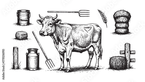 vintage cow farm set engraving vector style