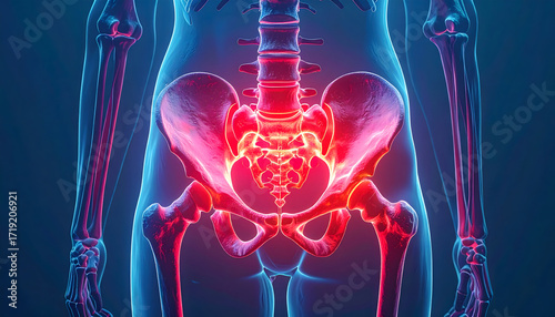 Human pelvic bone anatomy illustration, highlighting sacrum and ilium with red emphasis.