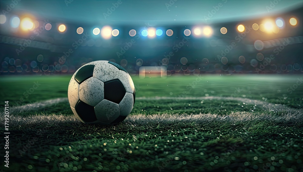 Obraz premium A soccer ball sits at the corner of a field, stadium lights blurring in the background
