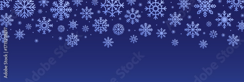 Snow flakes falling, horizontal banner. Winter holiday background design with...