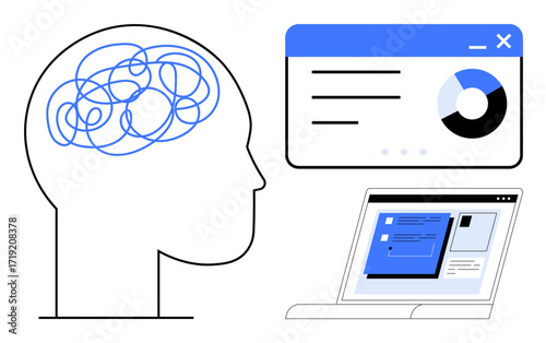 Head silhouette with tangled brain lines, digital pie chart, and open laptop screen. Ideal for data analysis, mental health, digital learning, creativity, problem-solving, decision-making