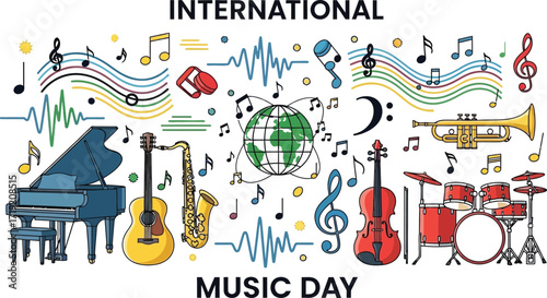Celebrating international music day with colorful instruments and musical notes creating a vibrant and festive atmosphere for music lovers around the world to enjoy together