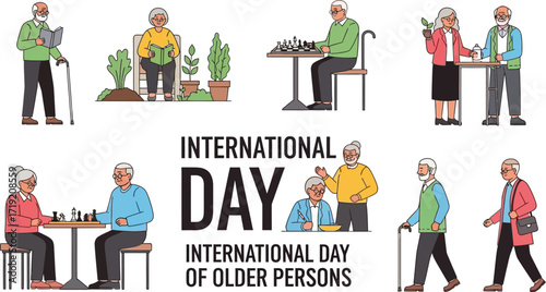 International day of older persons featuring seniors reading playing chess gardening and walking to celebrate aging and community engagement in a vibrant illustration