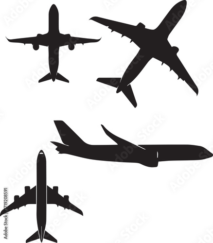 Collection of four diverse airplane silhouettes showcasing different angles and perspectives, ideal for aviation and travel-related projects. aero