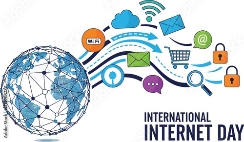Celebrating international internet day with global connectivity and digital communication icons representing worldwide network and secure online transactions for a connected world