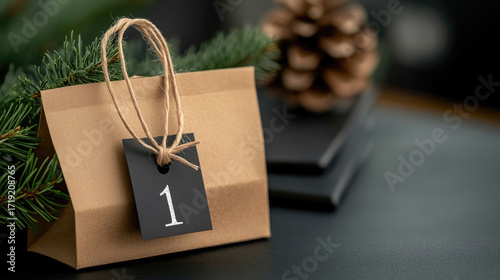 Christmas advent calendar with small gift boxes and numbers, decorated with pine branches and lights, cozy festive mood