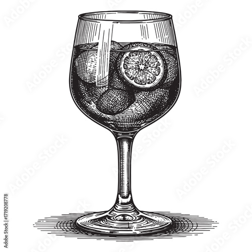 Hugo Spritz cocktail spritz alcohol drink engraving vector style
