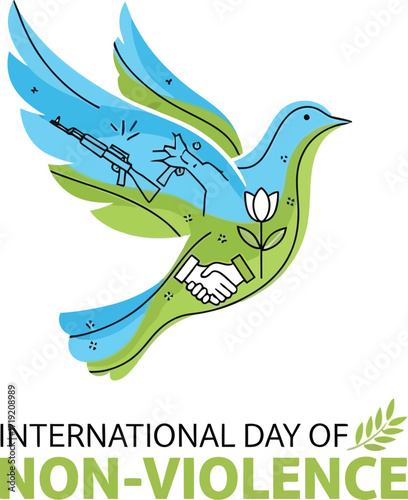 Dove illustration symbolizing international day of nonviolence and peace with symbols of peace unity and disarmament for promoting global harmony and ending conflict and war