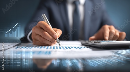 Meticulously analyzing financial reports with calculated precision for investment strategies shown in soft blue hue and