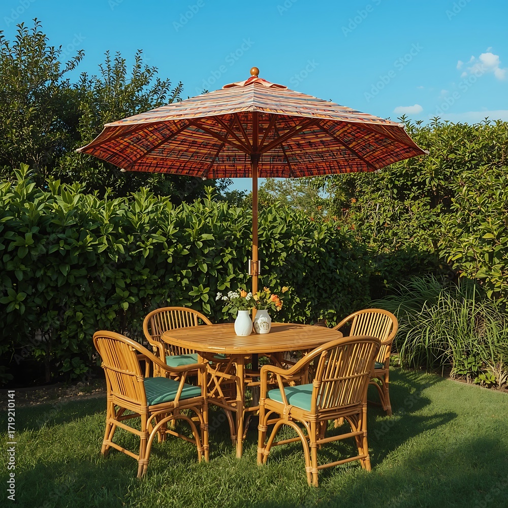 Fototapeta premium Cozy Outdoor Dining Wicker Furniture and Umbrella in Garden Setting