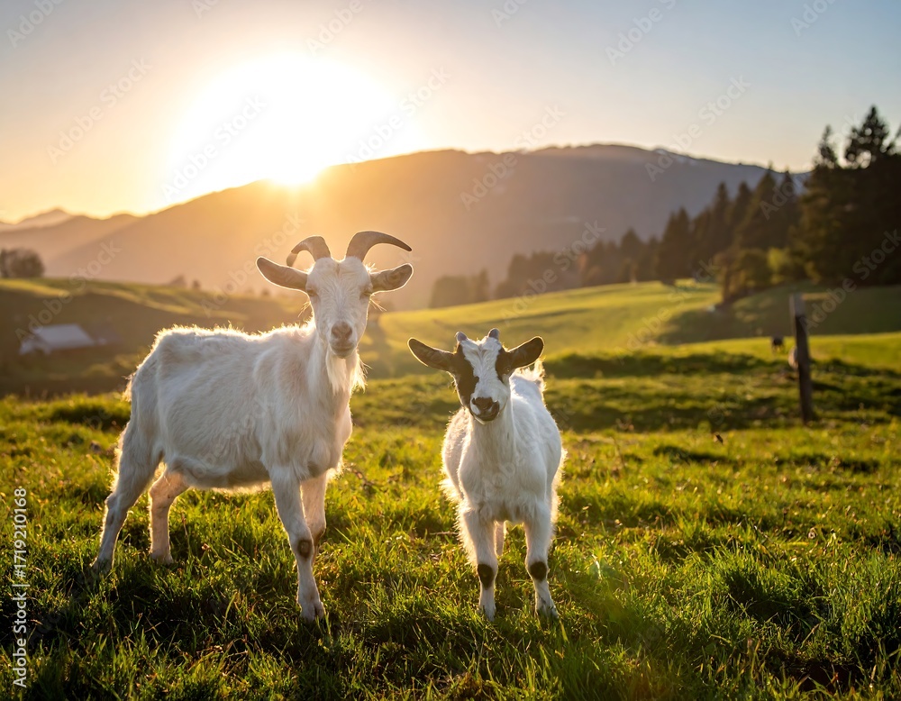 Fototapeta premium Two goats in a grassy field at sunset