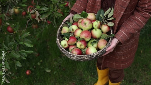 young European woman in a vintage brown wool blazer stands by an apple tree